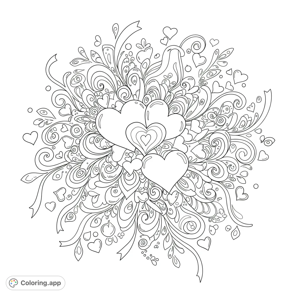 A beautiful love-themed coloring page featuring a central cluster of hearts, surrounded by elegant swirls, delicate floral motifs, and scattered smaller hearts.