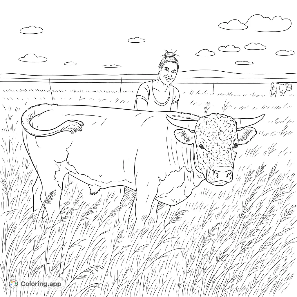 A friendly bovine and a person in a vast field, perfect for farm animal enthusiasts and nature lovers. A charming rural scene awaits your colors!