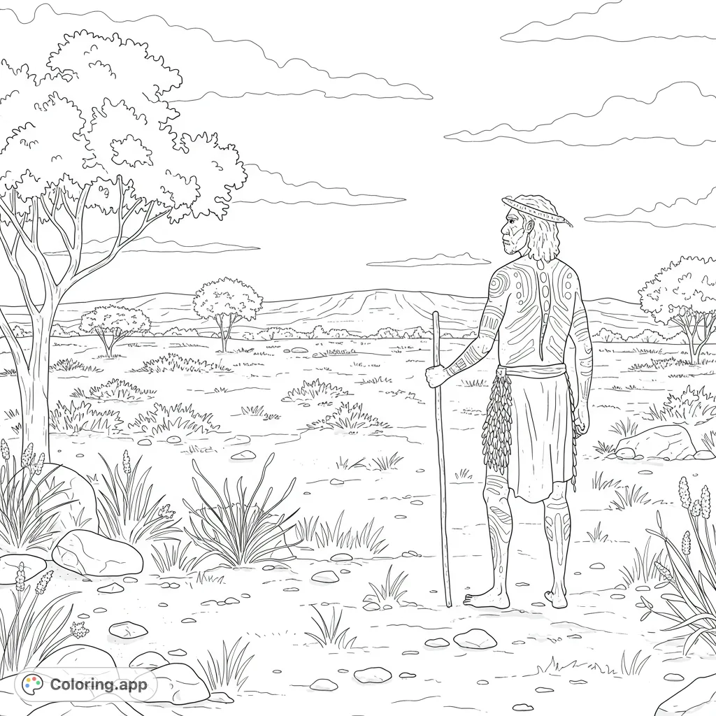An Indigenous Australian man in traditional attire with body paintings begins a journey on an outback trail, capturing the spirit of the ancient land.