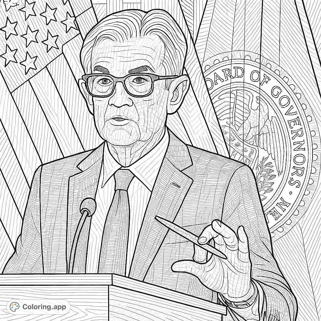 An intricate official address coloring page featuring a distinguished speaker at a podium with flags, perfect for detailed coloring and stress relief.