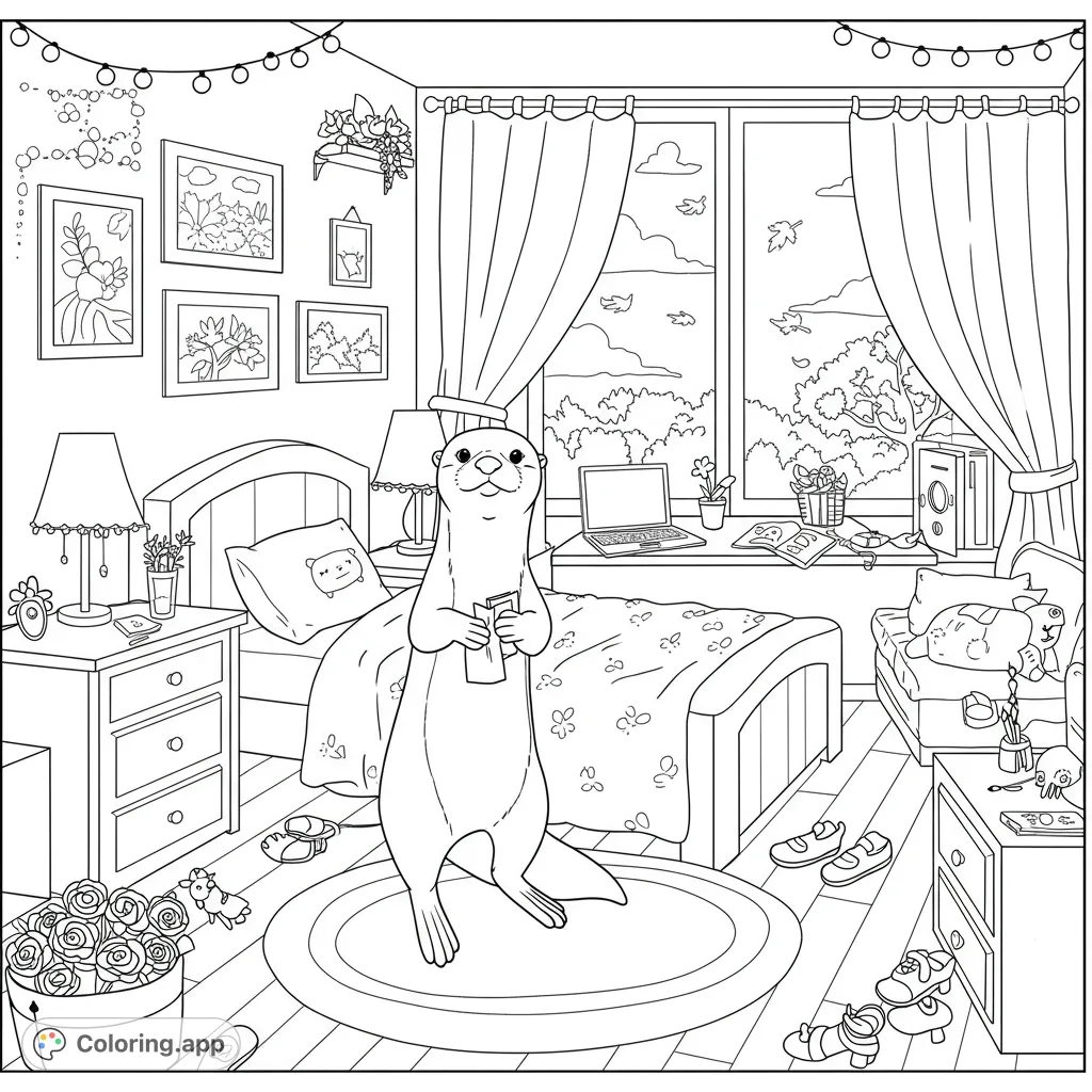 Explore a whimsical otter's cozy bedroom, featuring a comfy bed, charming desk, and a large window showcasing a beautiful autumn scene outside.