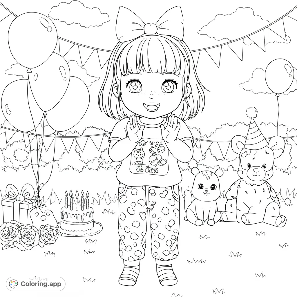 A joyful child claps amidst a festive birthday scene with balloons, decorations, and playful animals. Perfect for celebrating and creative expression!