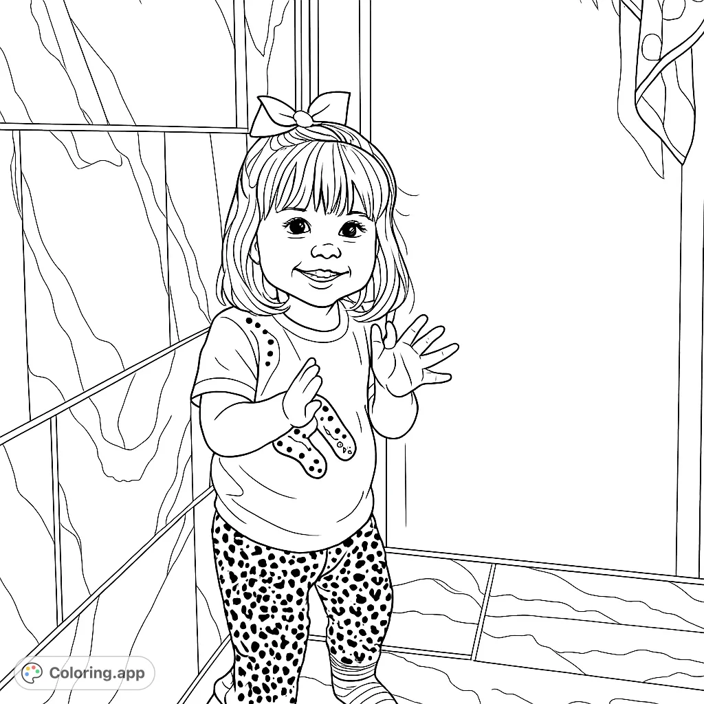 Capture the joy of a child clapping in this delightful coloring page. Features a happy child with a bow and patterned clothes, perfect for creative fun.