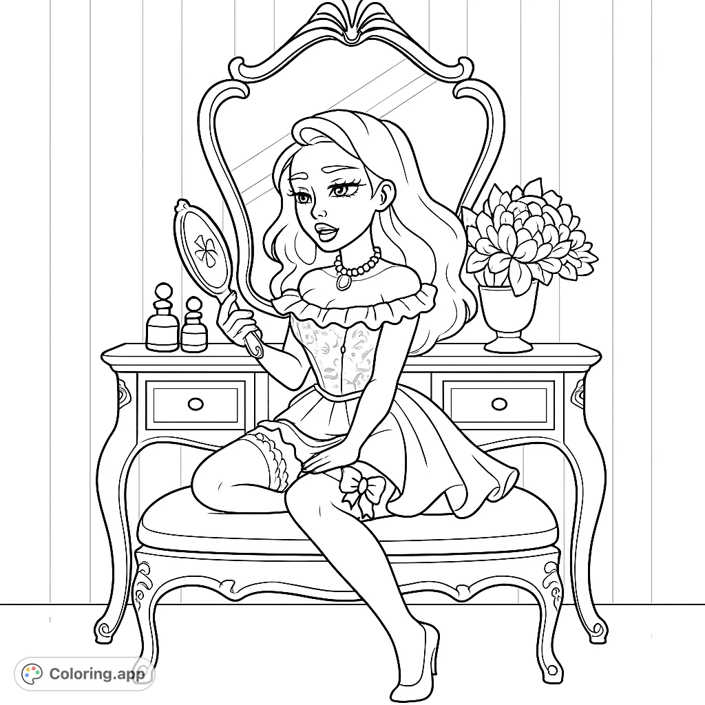 A woman sits at a vanity, holding a hand mirror, surrounded by elegant details. A charming scene for adult coloring page enthusiasts.