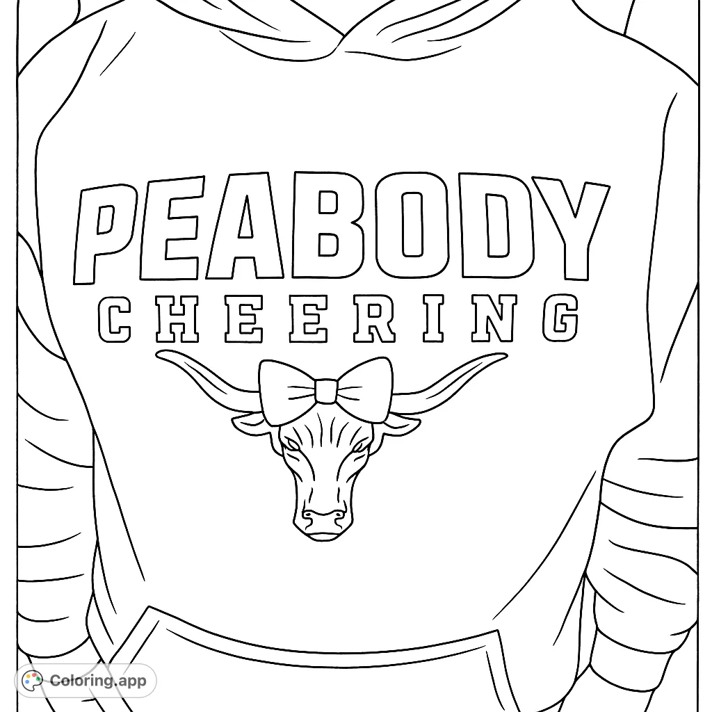 Color a spirited Peabody Cheering longhorn hoodie with bold text and a unique bow tie. Perfect for school spirit and team pride!