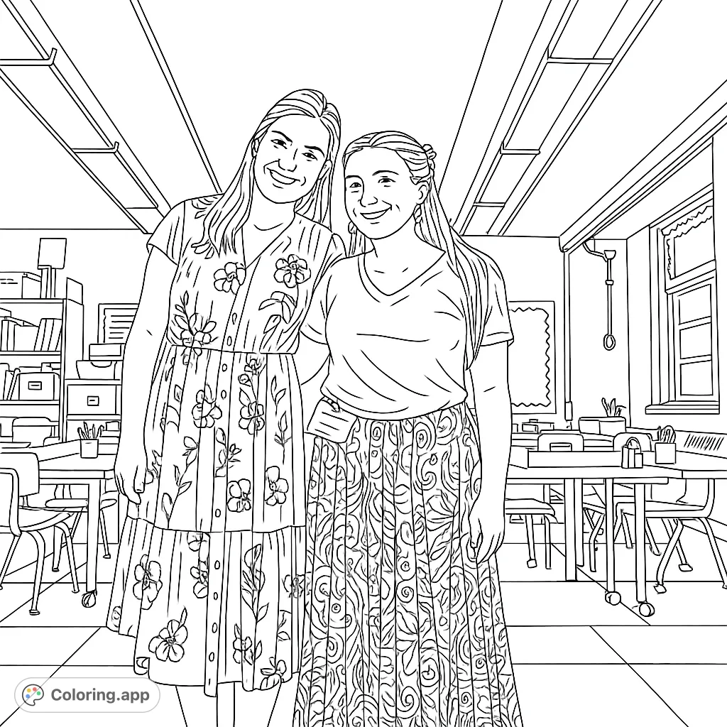 Two smiling women in a classroom setting, one in a floral dress, the other in a patterned skirt. A delightful scene for creative coloring.