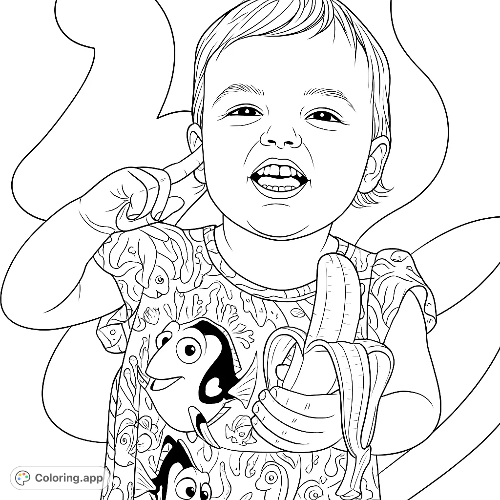 A joyful child holds a peeled banana, wearing a fun character dress. Perfect for a delightful and engaging coloring activity.