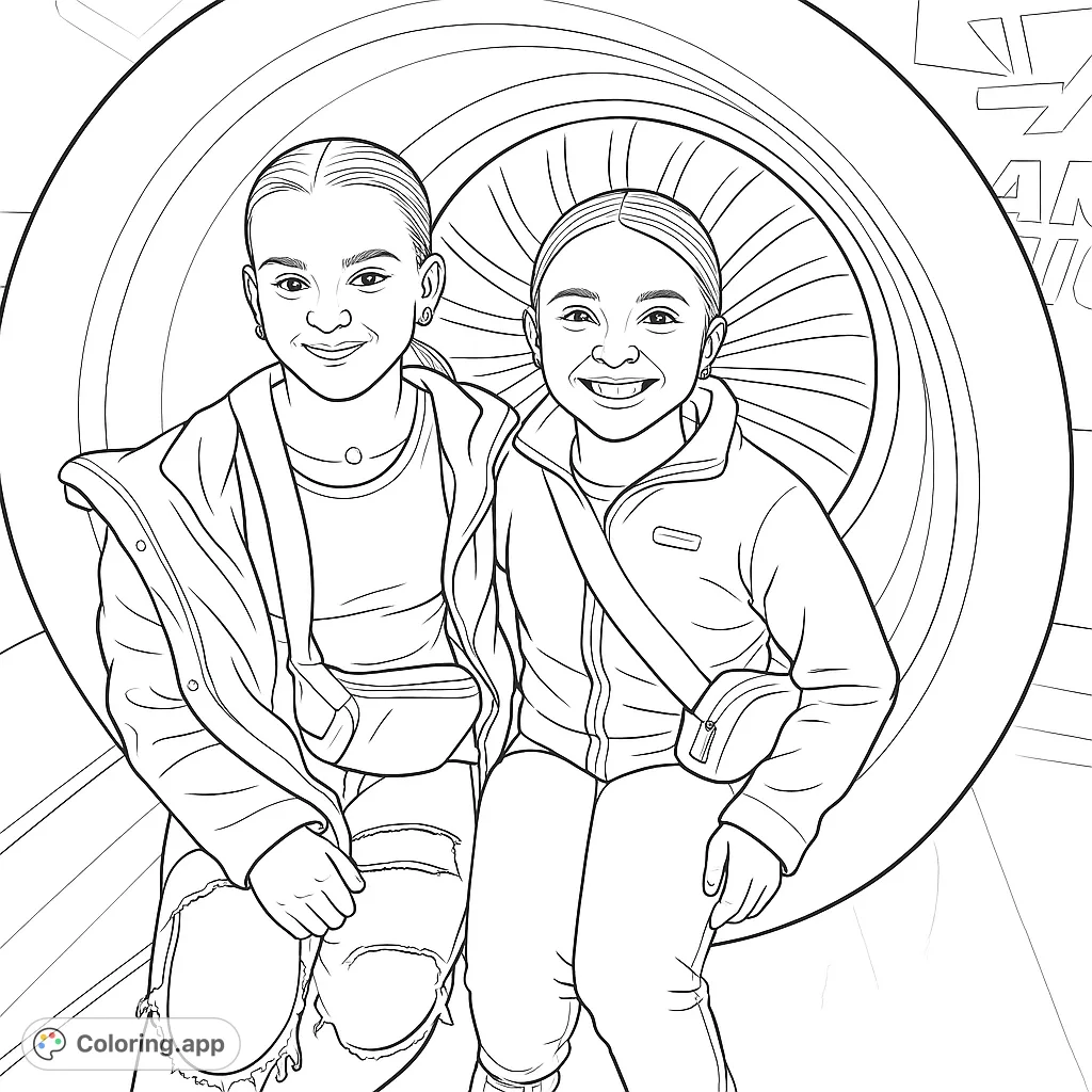 Two smiling individuals pose inside a large jet engine, ready for a creative adventure. Perfect for aviation enthusiasts and those who love unique scenes.
