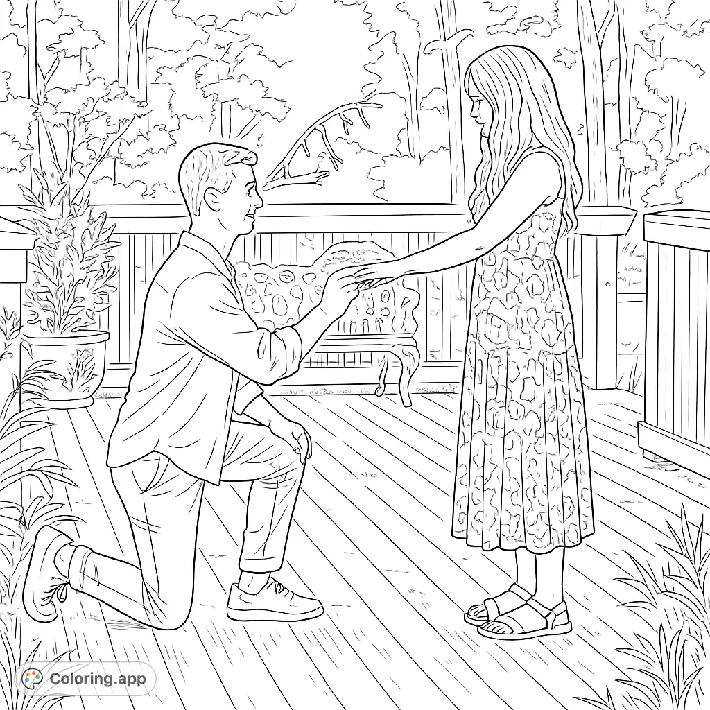 Capture a heartfelt moment with this romantic proposal coloring page. A man kneels before a woman on a scenic deck, surrounded by nature.