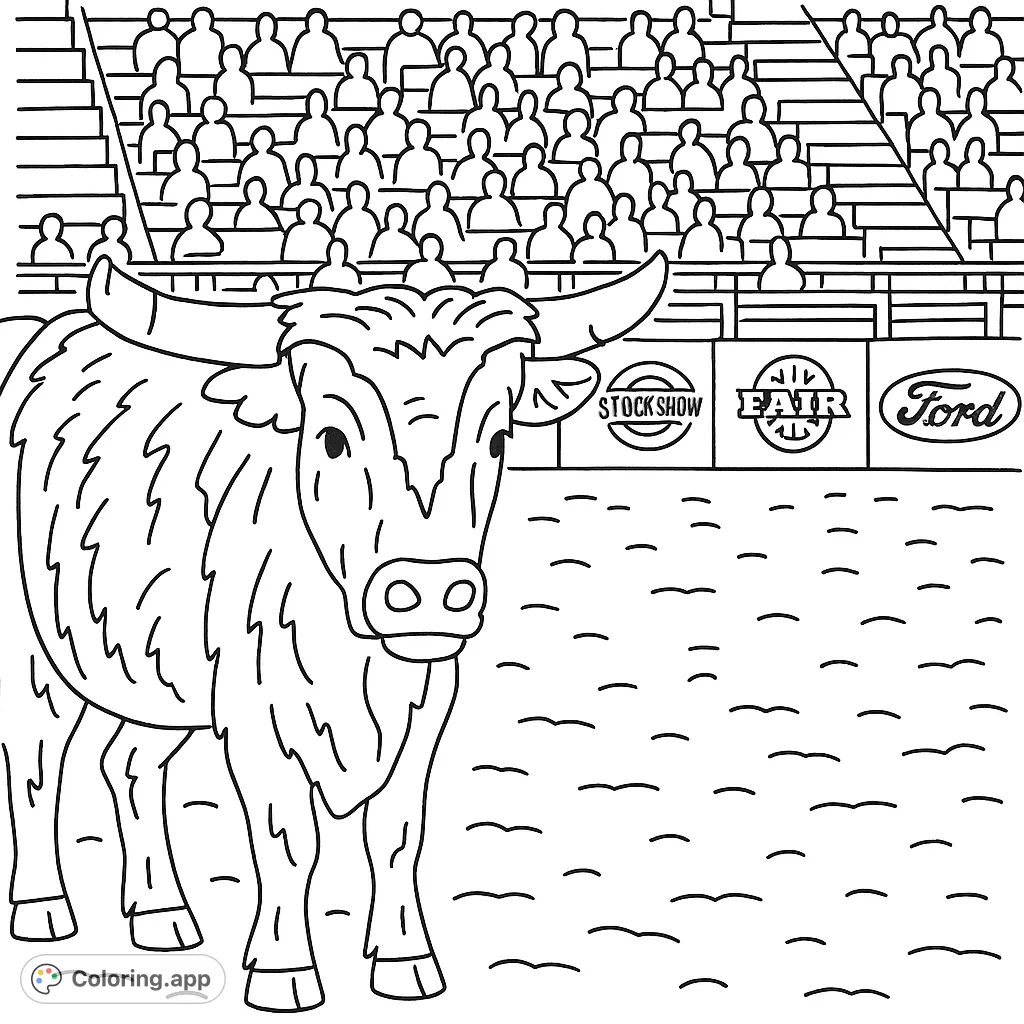 A powerful bull stands in a rodeo arena, with a crowd watching from the stands. This free printable rodeo bull coloring page is perfect for animal lovers.