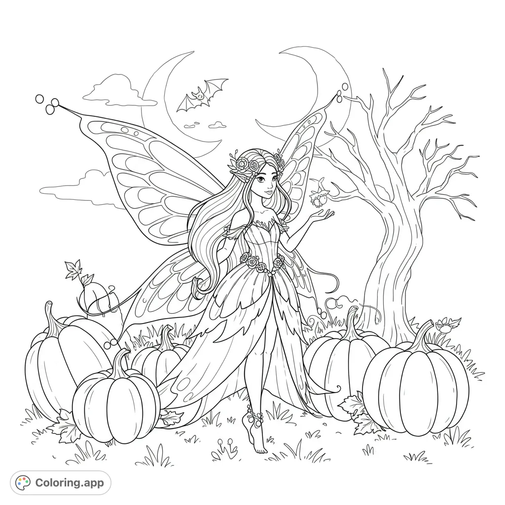 Discover a magical pumpkin fairy coloring page! Features a whimsical fairy with pumpkin-detailed wings and dress, surrounded by mystical elements.
