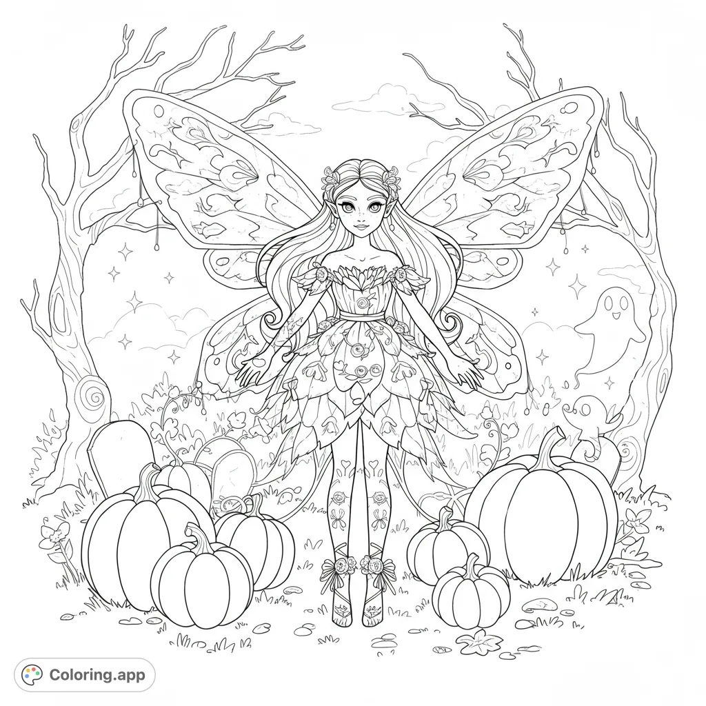 Discover a charming pumpkin fairy with detailed wings and dress, surrounded by pumpkins and a playfully spooky background, perfect for a magical coloring adventure.