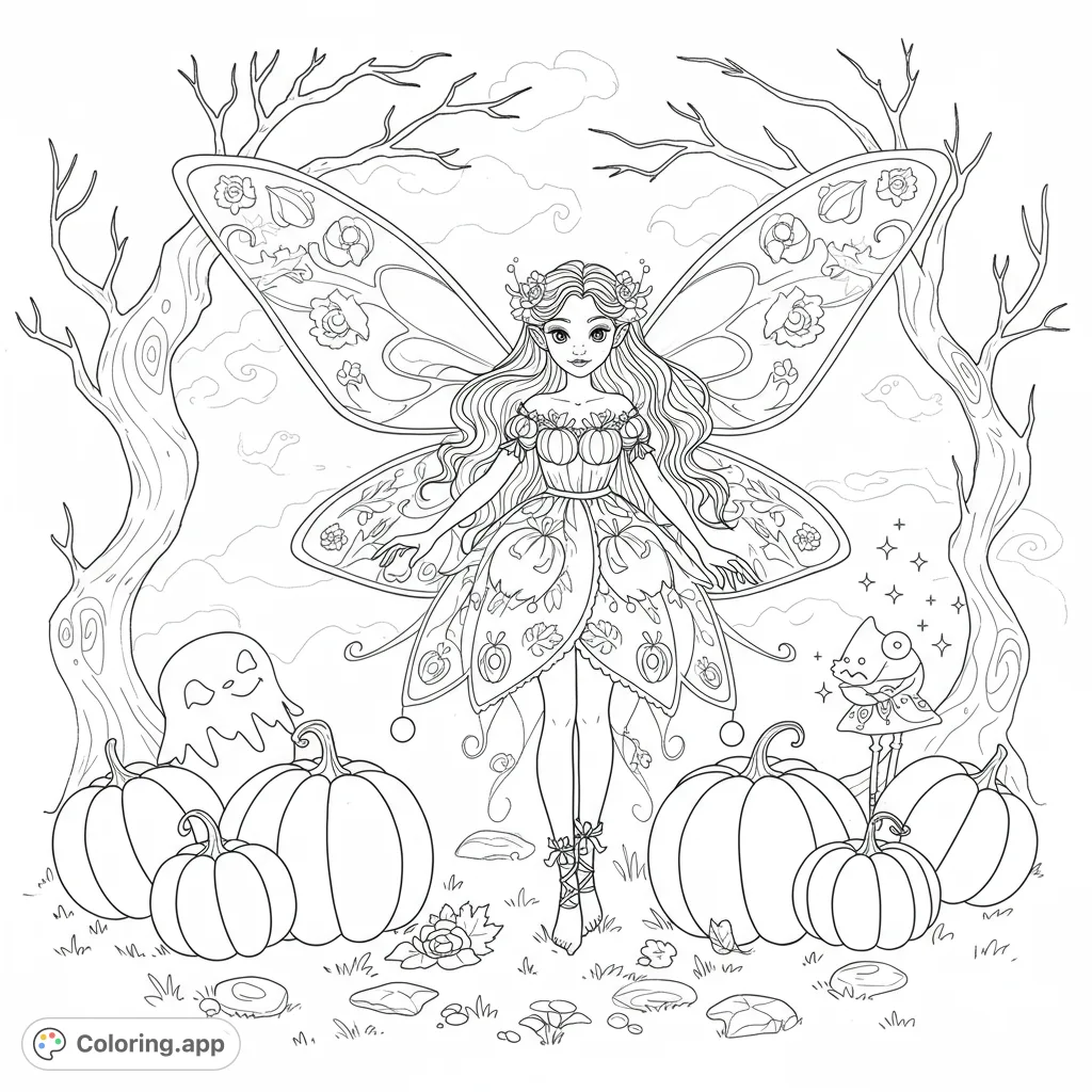 Discover a charming pumpkin fairy with detailed wings and dress, surrounded by pumpkins and a playfully spooky background, perfect for a magical coloring adventure.