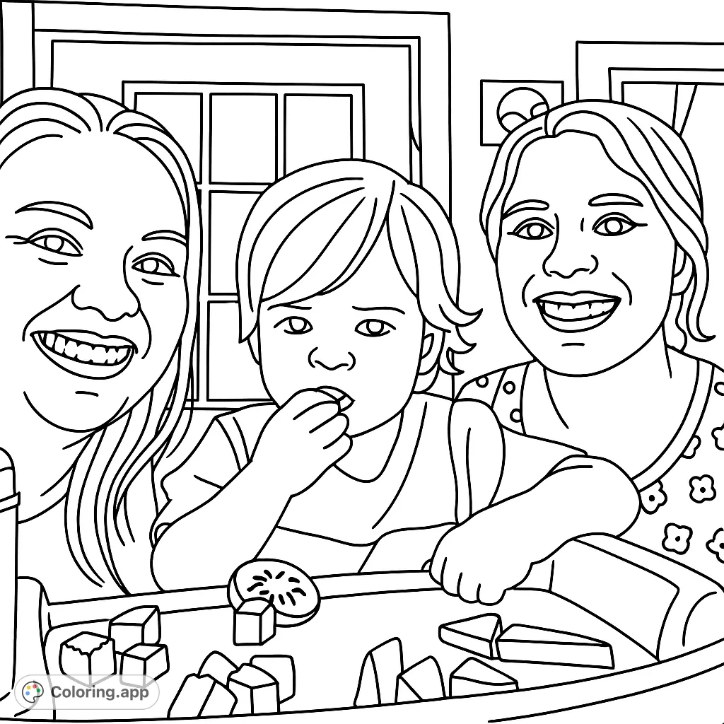 Capture a heartwarming family mealtime with a toddler enjoying snacks in a high chair, flanked by two smiling adults. A simple, joyful scene for all ages.