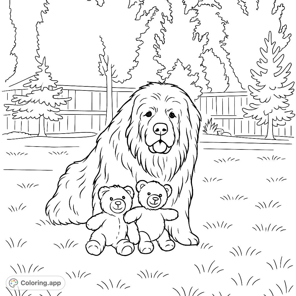 A heartwarming Newfoundland dog sits with two teddy bear friends on a grassy lawn. A charming scene perfect for dog lovers and all ages.