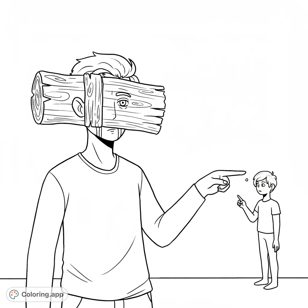 A thought-provoking log and speck coloring page illustrating the classic proverb, inviting reflection on self-awareness and judgment.