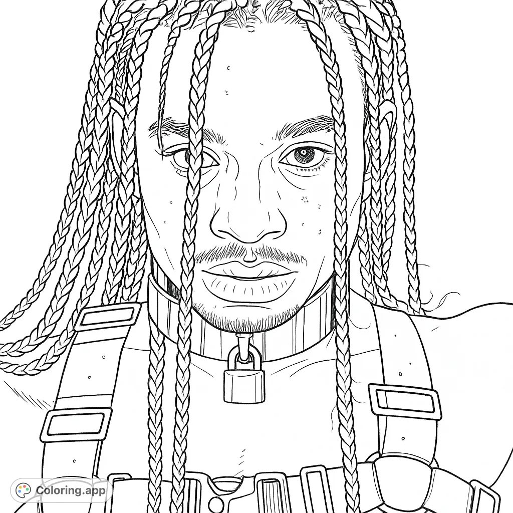 An expressive portrait featuring a person with intricate braids, a metallic collar, and a detailed harness, offering a unique and modern coloring experience.