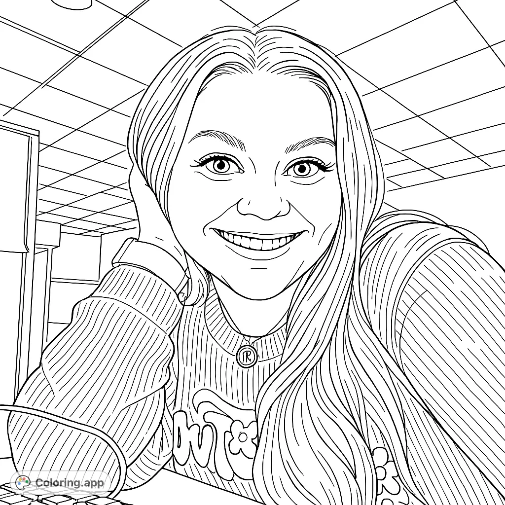 A friendly office professional smiles at her desk, surrounded by everyday work items. Perfect for a relaxing coloring break.