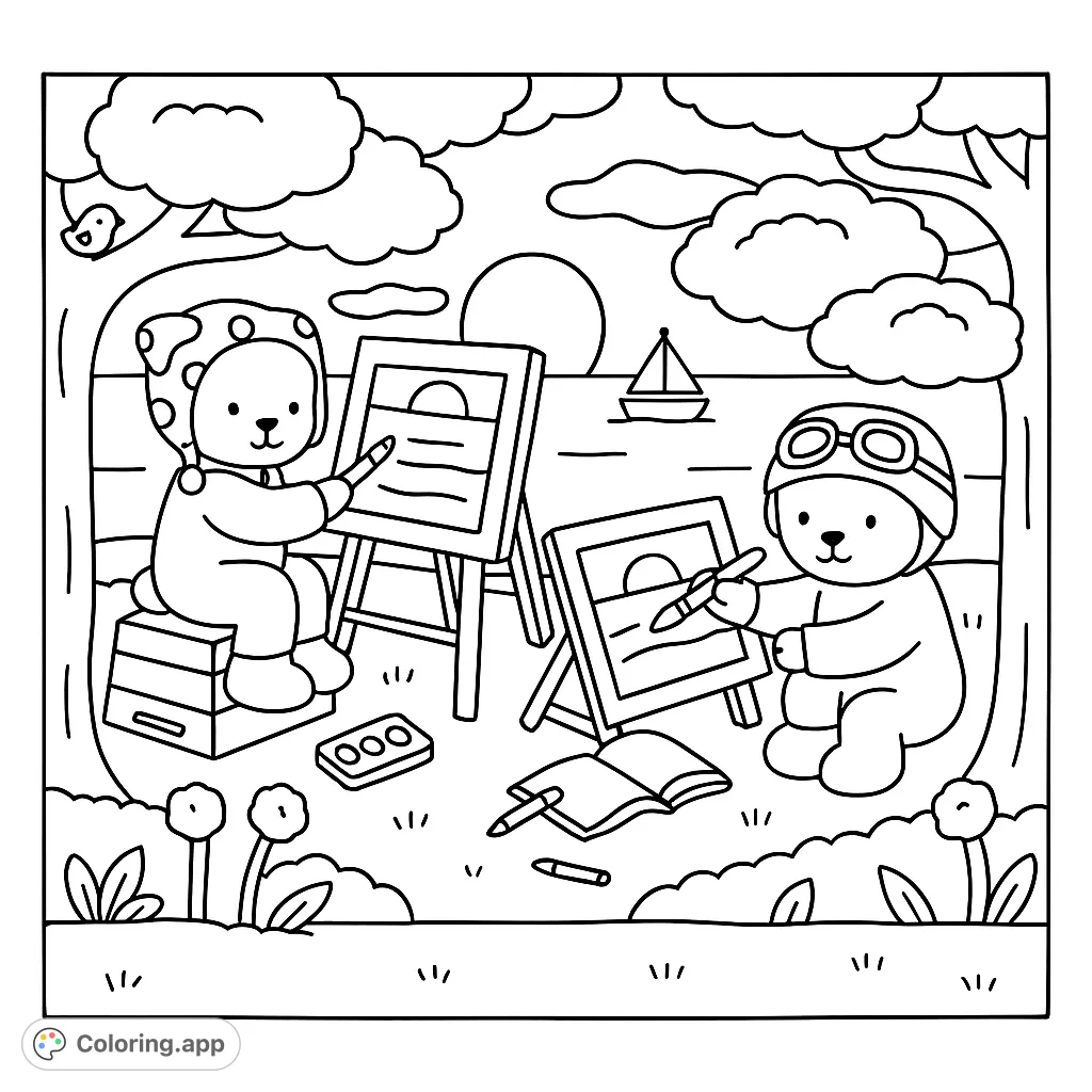 Two adorable bear-like friends enjoy an outdoor art session by the water. A charming scene perfect for creative coloring fun.