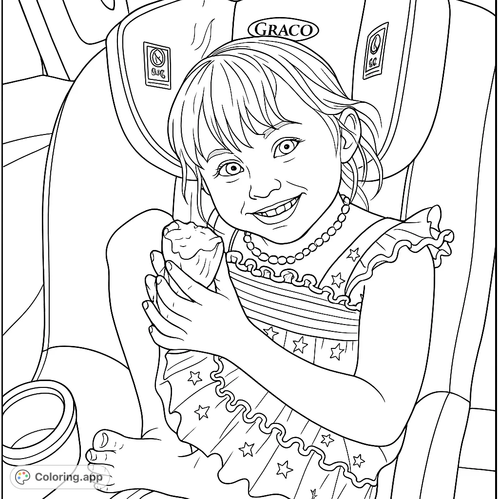 A delightful coloring page featuring a happy child enjoying a snack in a car seat, perfect for young artists to bring to life with their favorite colors.