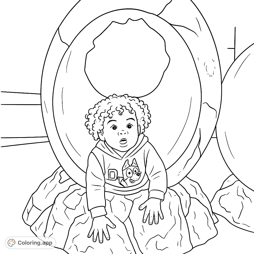 A delightful scene of a curious child peeking from a large, cracked egg, ready for a prehistoric adventure. Perfect for young explorers!