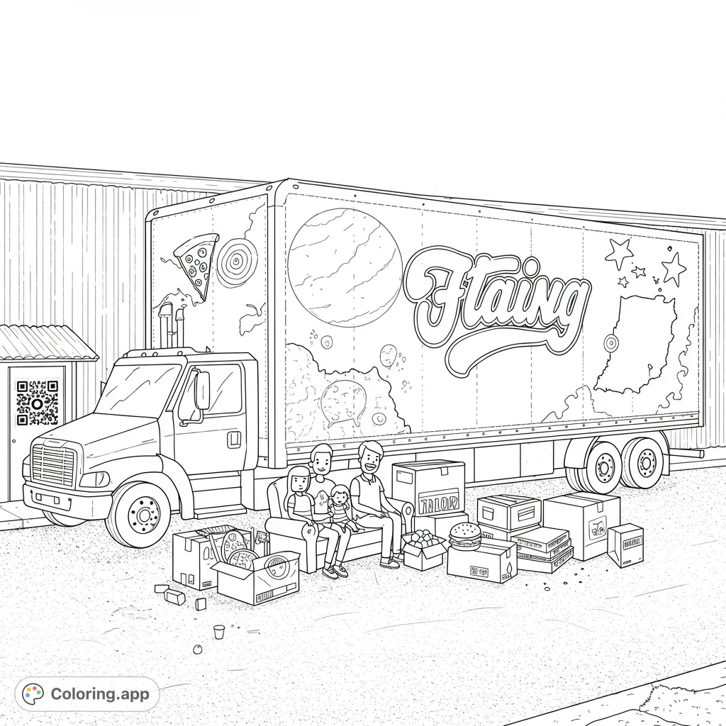 A fun moving day scene featuring a cartoon family, moving trucks, boxes, and playful food items, with joined Kentucky and Indiana state outlines.