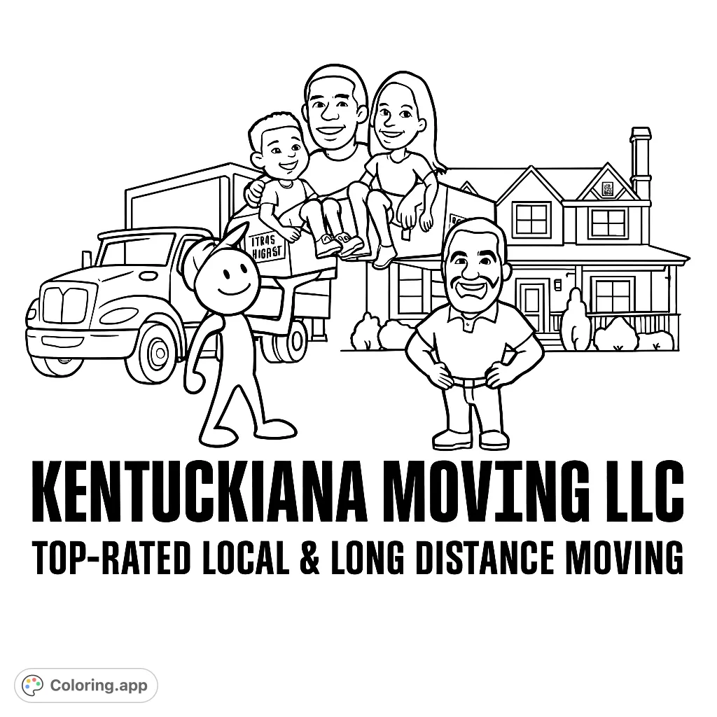 A cheerful family and their helpers are ready for a new adventure! This moving day coloring page features a truck, house, and happy characters.