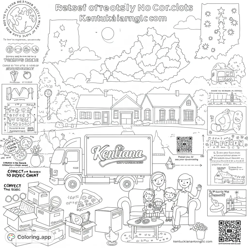 A fun Kentuckiana Moving coloring page featuring a cartoon family, moving trucks, state outlines, and interactive puzzles for a delightful creative experience.