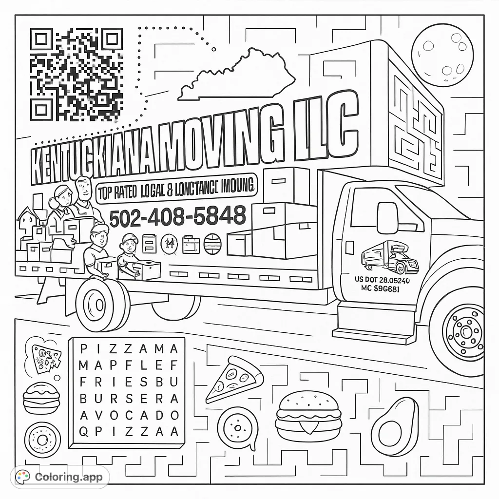 A fun moving truck coloring page featuring a cartoon family, boxes, and food, perfect for a creative journey across states with simple line art.