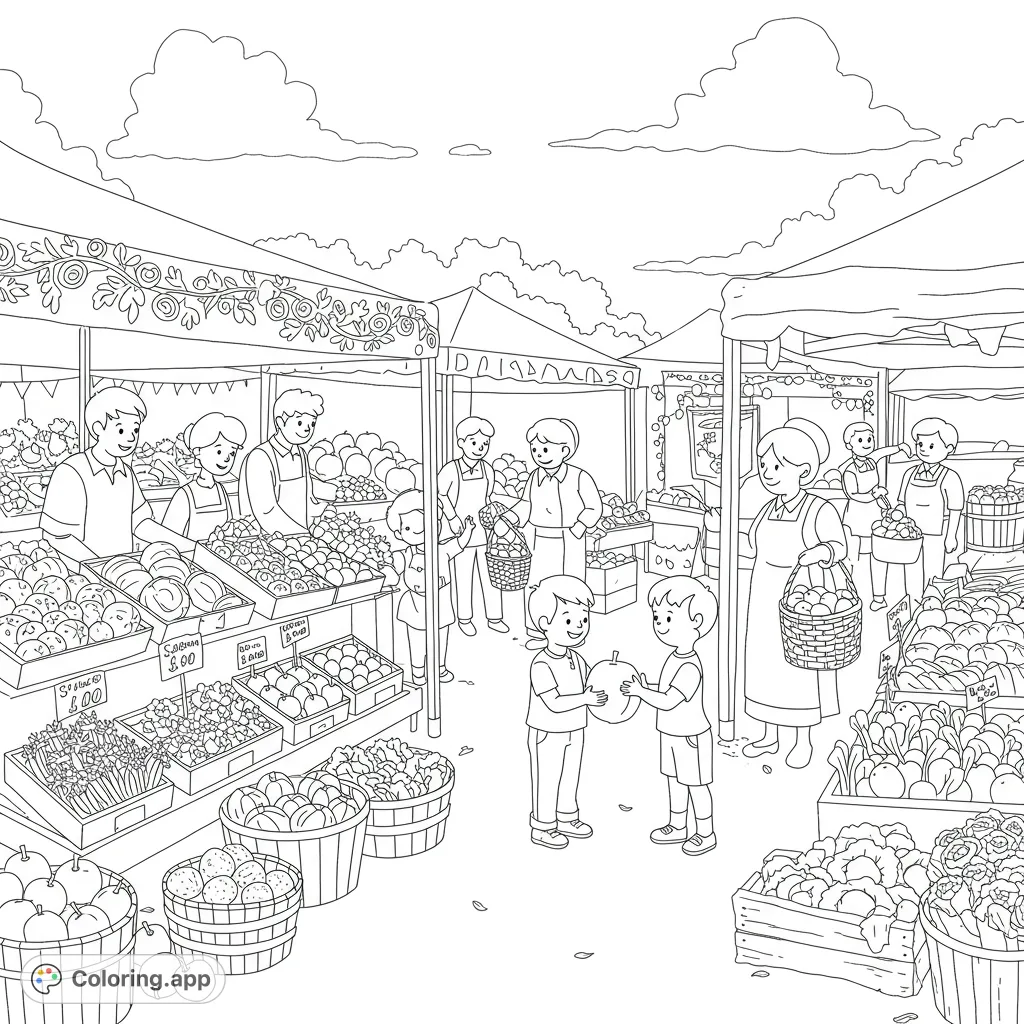 Explore a lively farmers' market coloring page featuring abundant produce stalls, happy shoppers, and a charming interaction between two children.