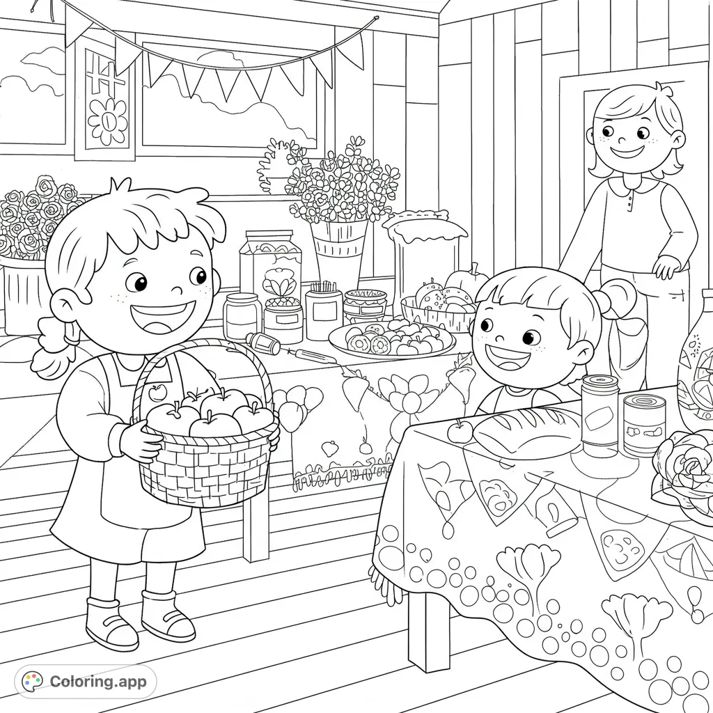 A heartwarming scene of children sharing a basket of food at a community drive, featuring a table filled with produce and a friendly adult.