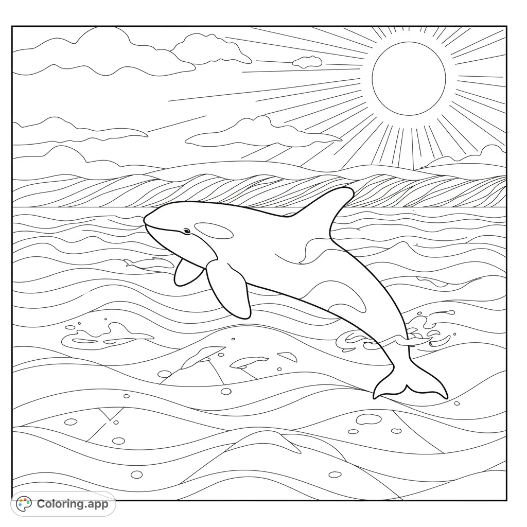 Dive into an ocean adventure with this killer whale coloring page, featuring a majestic whale, gentle waves, and a shining sun. Perfect for all ages!