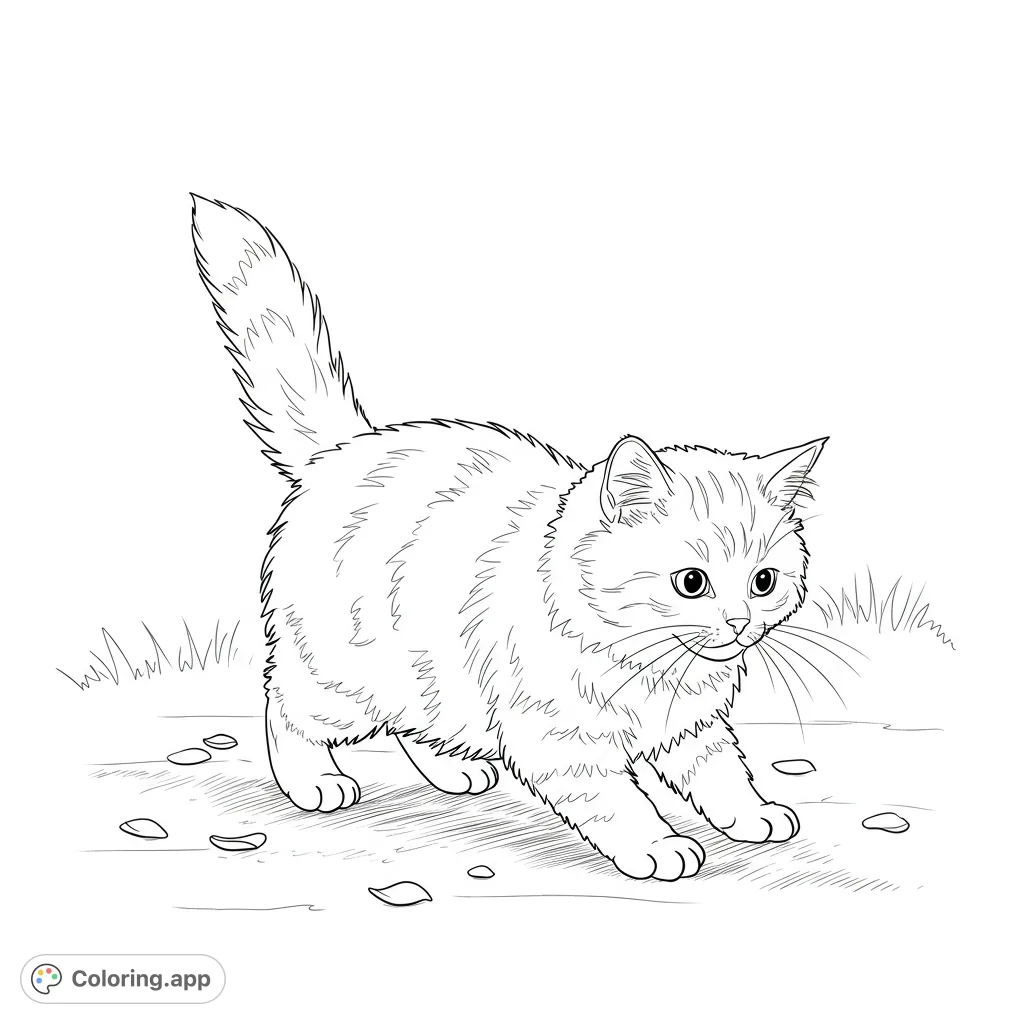 A charming free printable kitten coloring page featuring a playful feline bathed in warm sunlight, perfect for a relaxing coloring session.