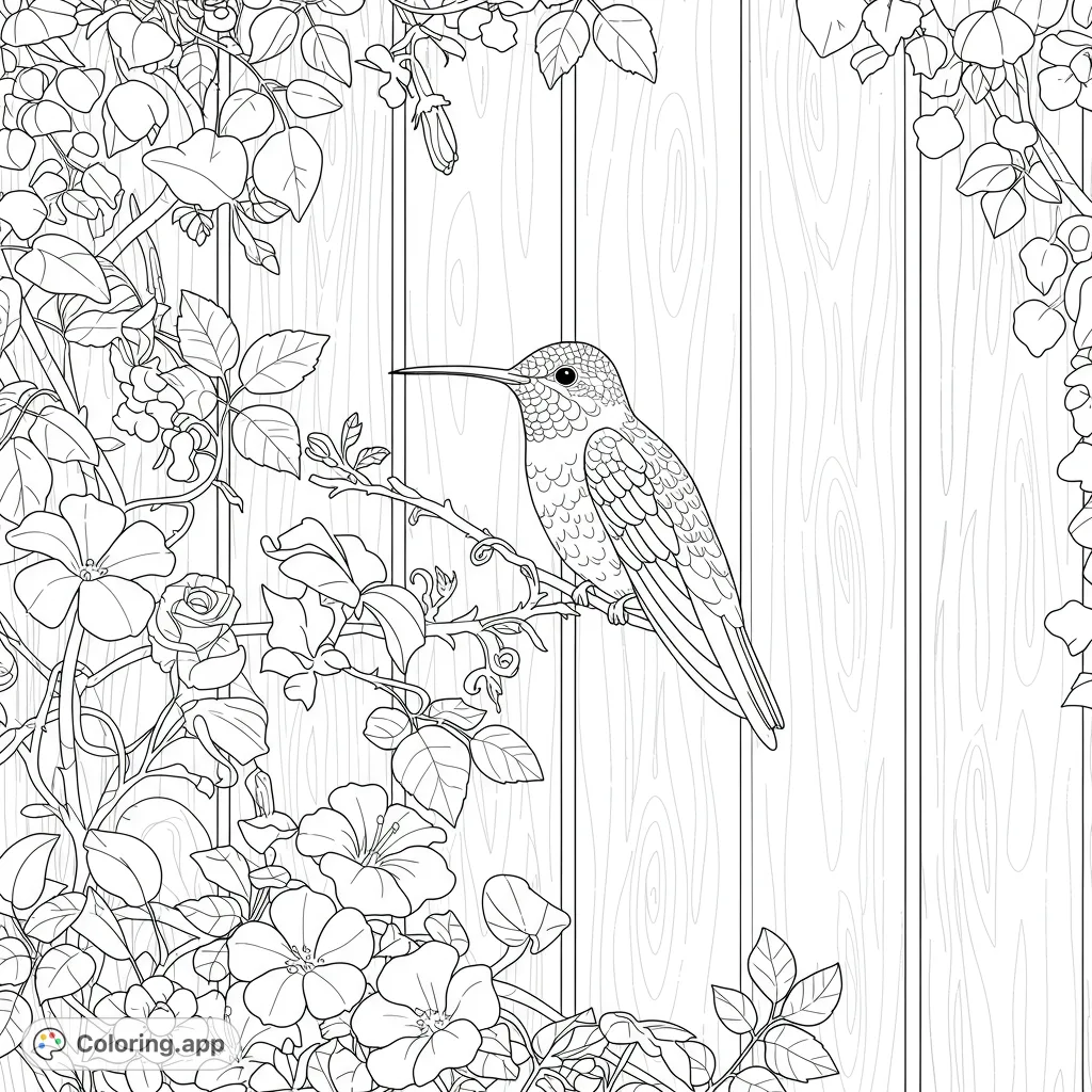 Discover a detailed hummingbird perched on a vine, set against a rustic wooden fence. A charming nature scene for all ages to bring to life.