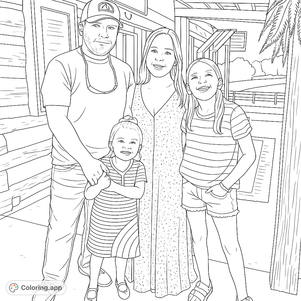 A heartwarming family portrait featuring two adults and two children, standing together in front of a rustic cabin, perfect for a personalized coloring experience.