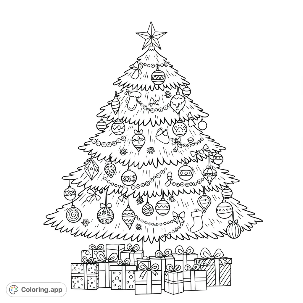 A classic Christmas tree adorned with various ornaments and a star, surrounded by a pile of beautifully wrapped presents. Perfect for holiday cheer!