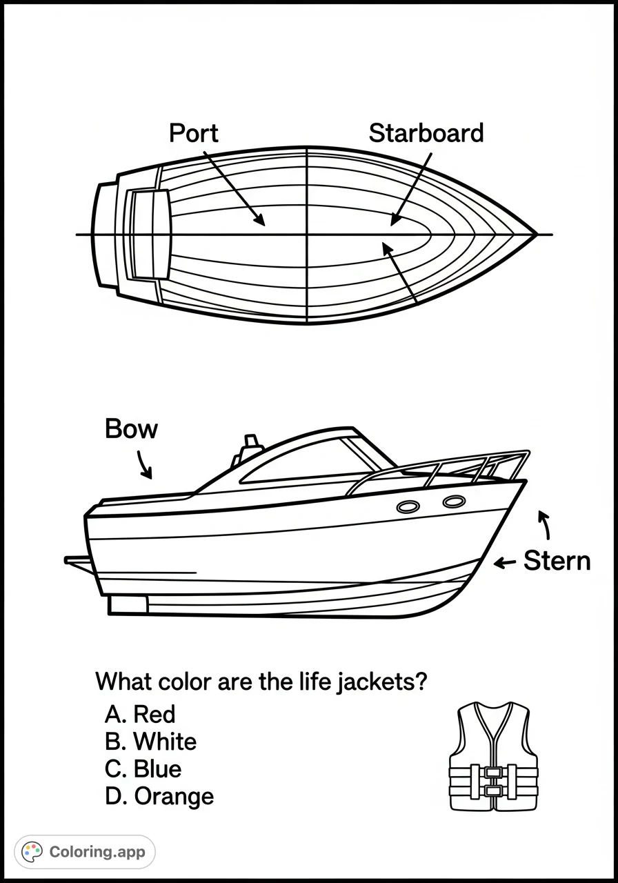 An engaging activity page teaching essential boat navigation terms like port, starboard, bow, and stern with diagrams and a life jacket color quiz.