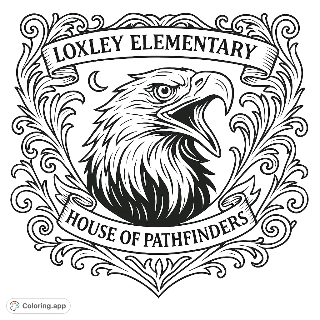 A detailed heraldic crest featuring a majestic eagle, ornate banners, and intricate scrollwork, perfect for school spirit or a challenging coloring project.