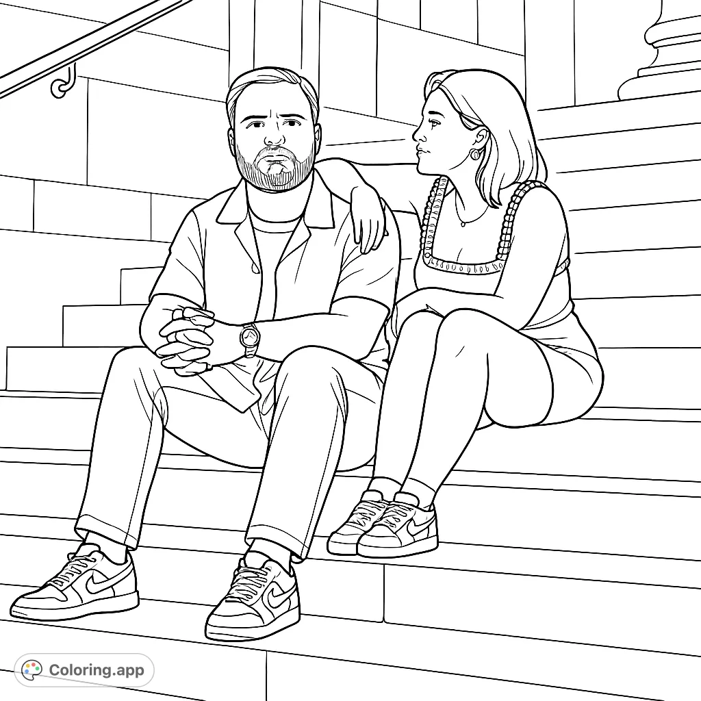 A charming couple relaxes on grand stone steps, perfect for a romantic coloring page. Features detailed clothing and architectural elements for a delightful coloring experience.