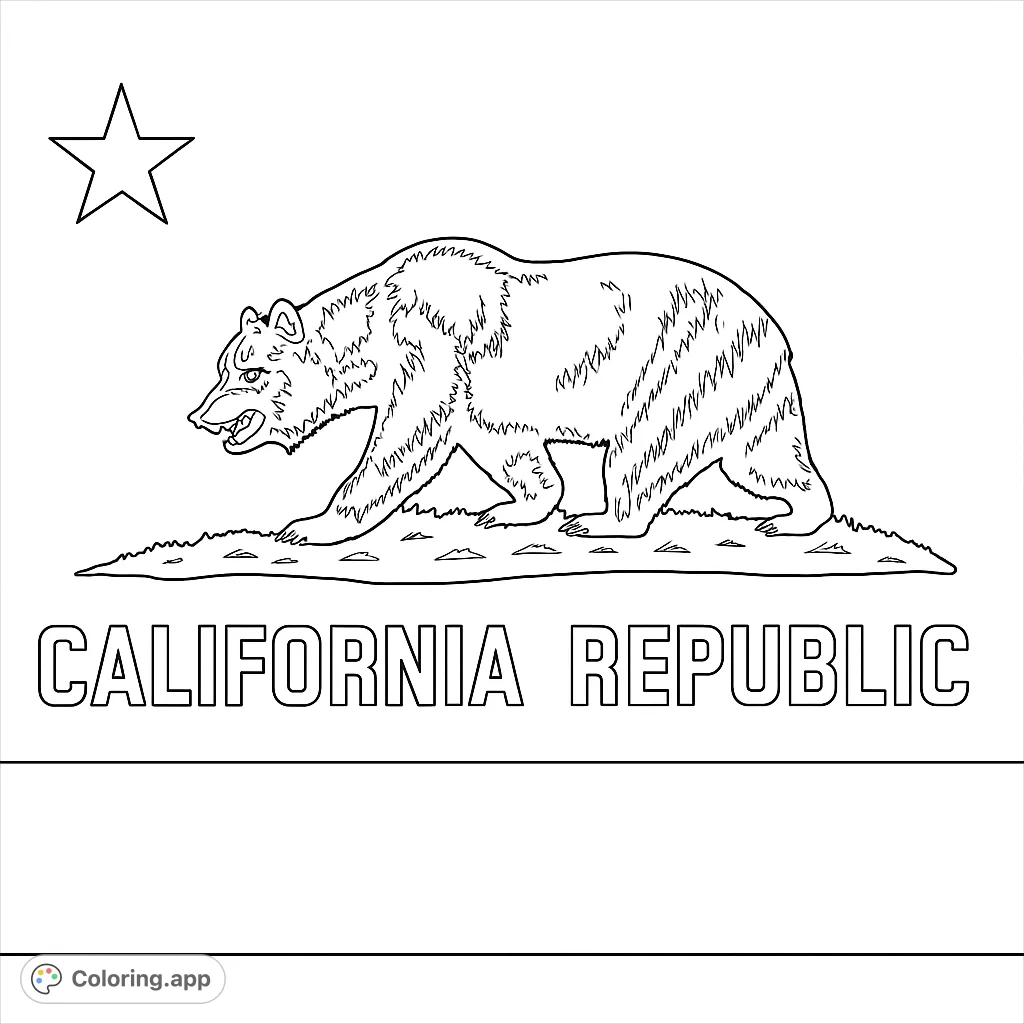 Color the iconic California Republic flag featuring a majestic grizzly bear, a star, and the state motto. A patriotic and educational coloring page.
