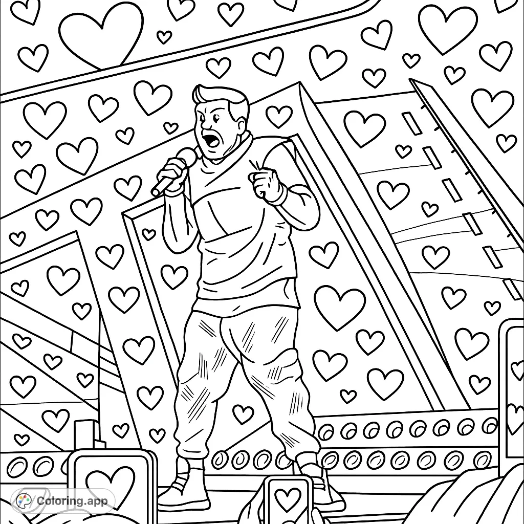 An energetic pop star performs on a futuristic stage with a cosmic backdrop, surrounded by geometric structures and audience phones. A dynamic scene for coloring.