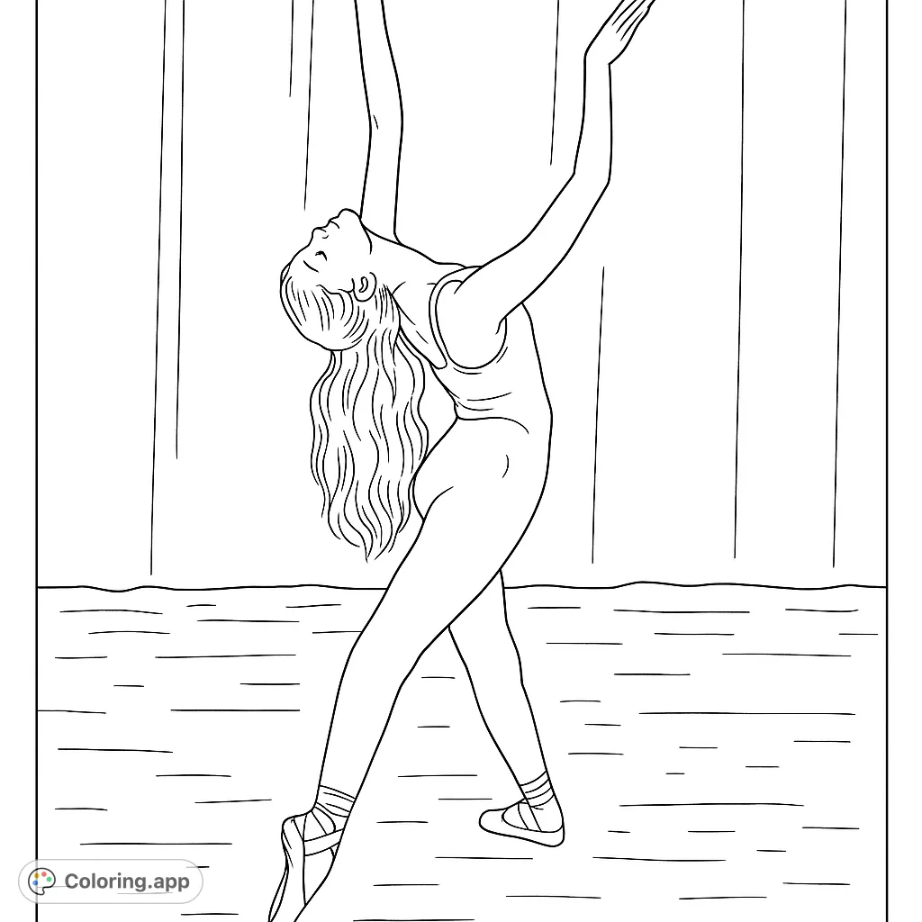 Capture the elegance of a ballerina in a dynamic pose, with flowing hair and intricate pointe shoes, set against a classic stage backdrop.