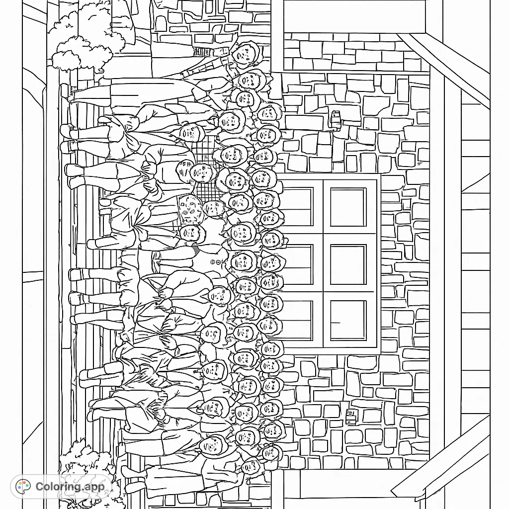 Capture a moment in time with this historic group portrait coloring page. Features many individuals before a detailed stone building.