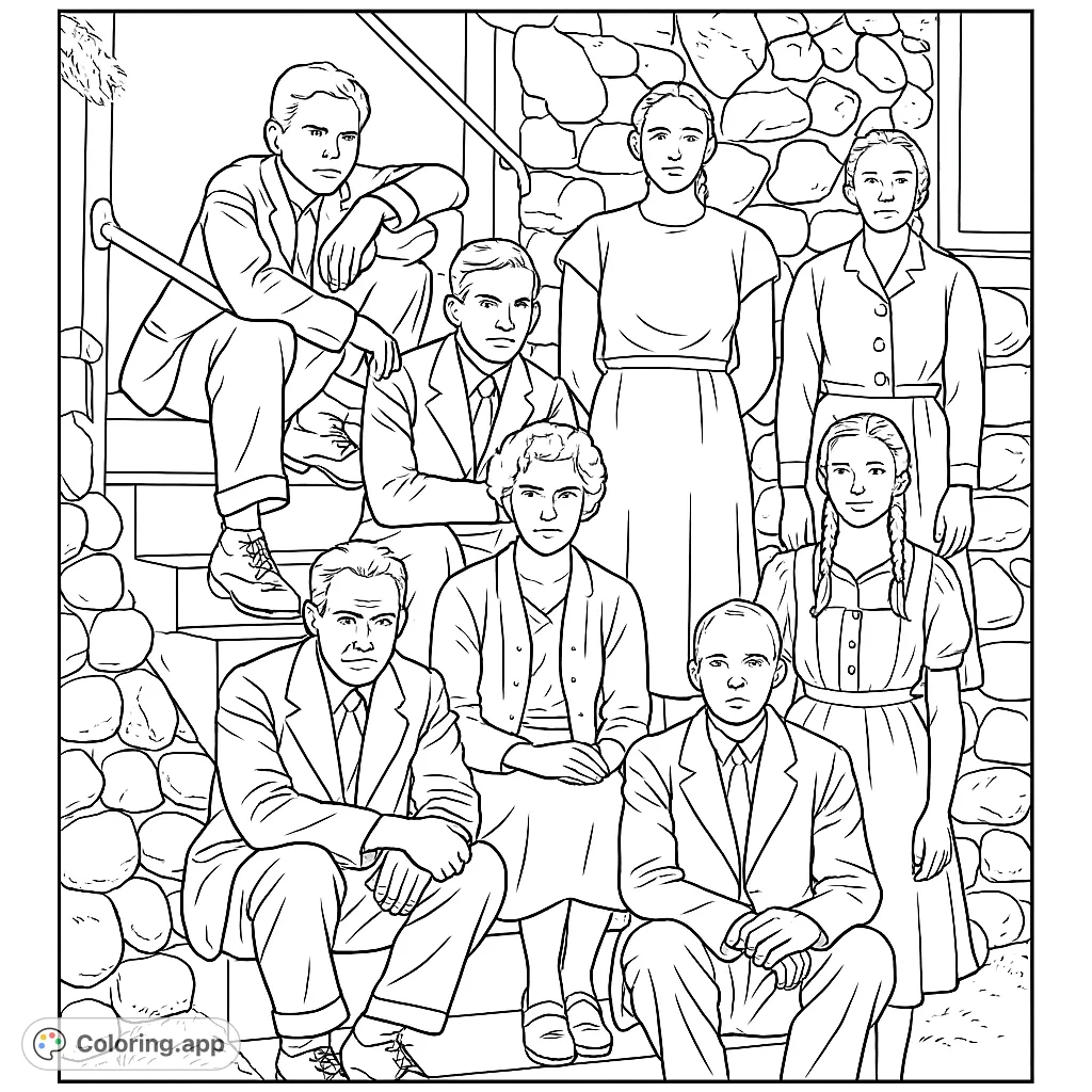 A charming vintage group portrait featuring a large family gathered outdoors, perfect for a nostalgic coloring experience. Explore classic attire and a stone wall backdrop.