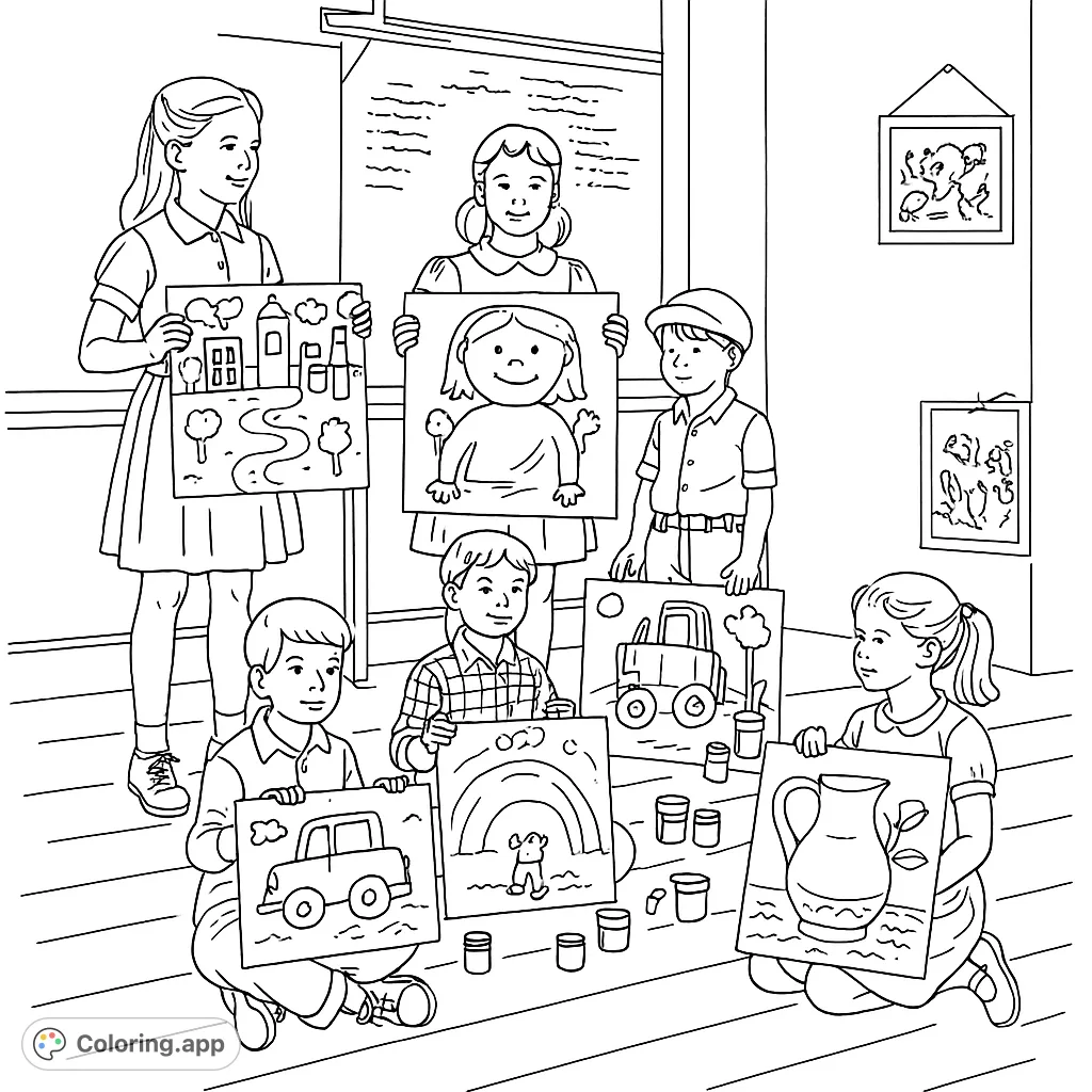Capture the joy of creation with this young artists coloring page. Features children proudly displaying their unique artworks in a classroom setting.