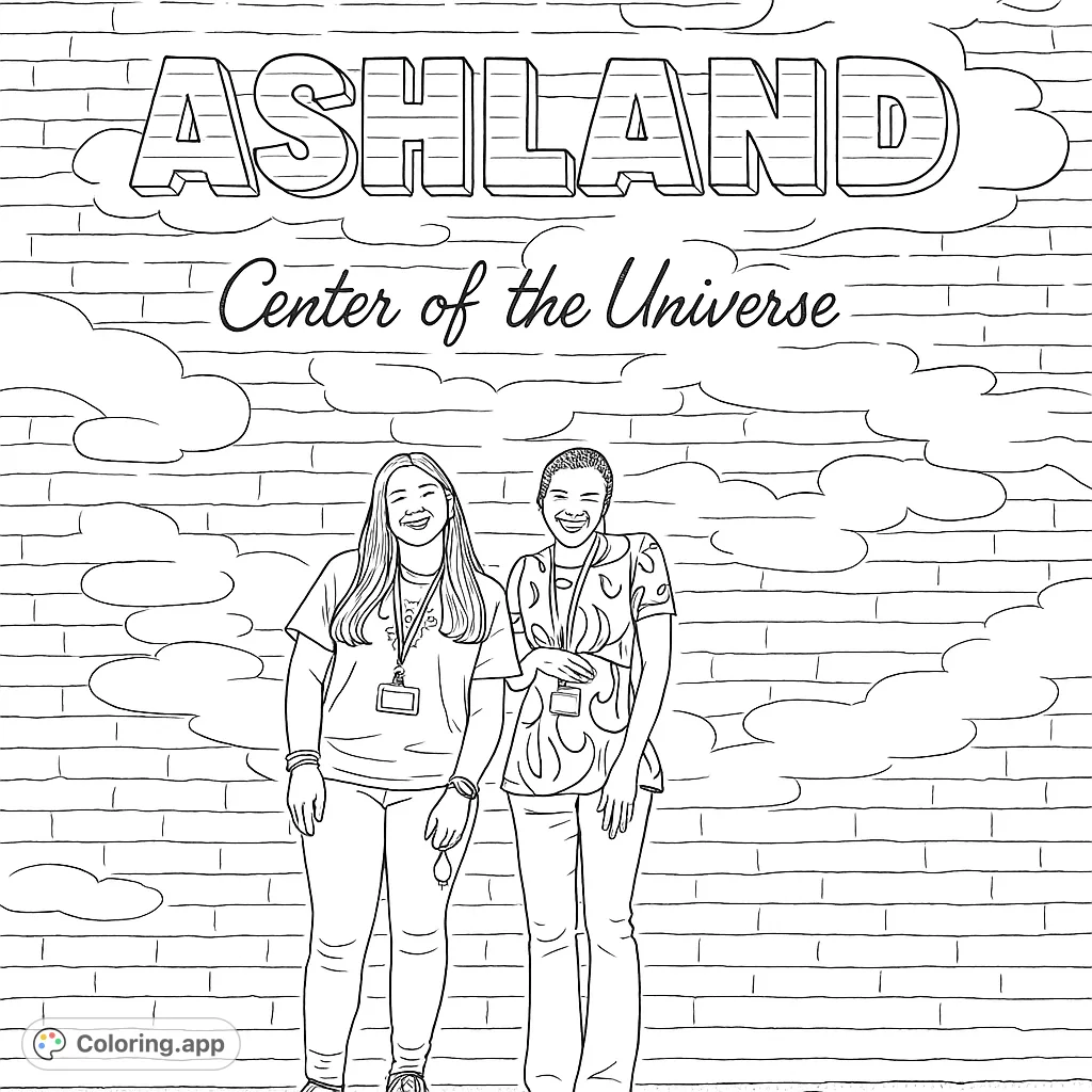 Color a vibrant mural featuring 'Greetings from Ashland' text and two smiling friends. A fun, free printable city mural coloring page for all ages.