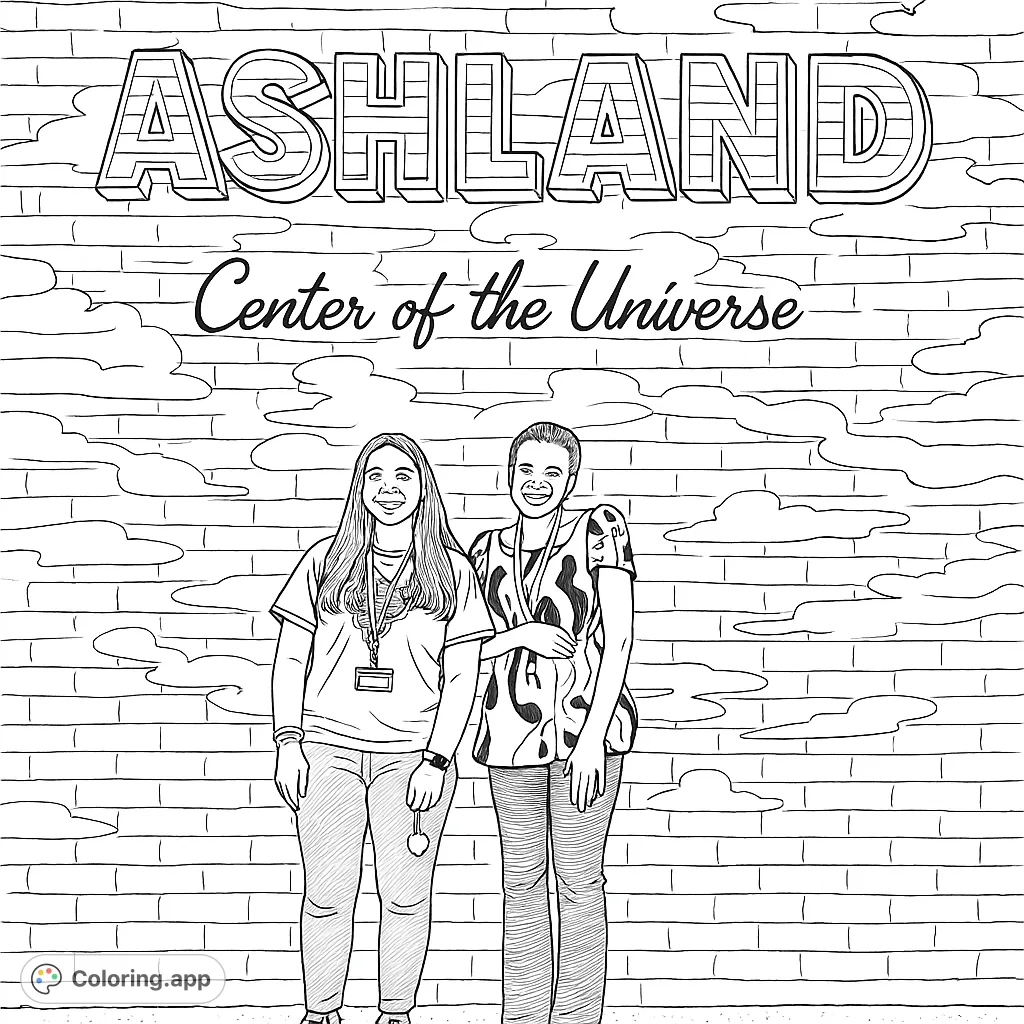 Two friends pose before a vibrant "Greetings from Ashland" mural. A fun, urban scene perfect for adding your own creative flair to the detailed wall art and figures.