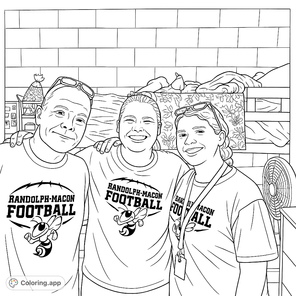 Capture the spirit of college football with this fun coloring page featuring three smiling fans in a dorm room setting. Perfect for all ages!