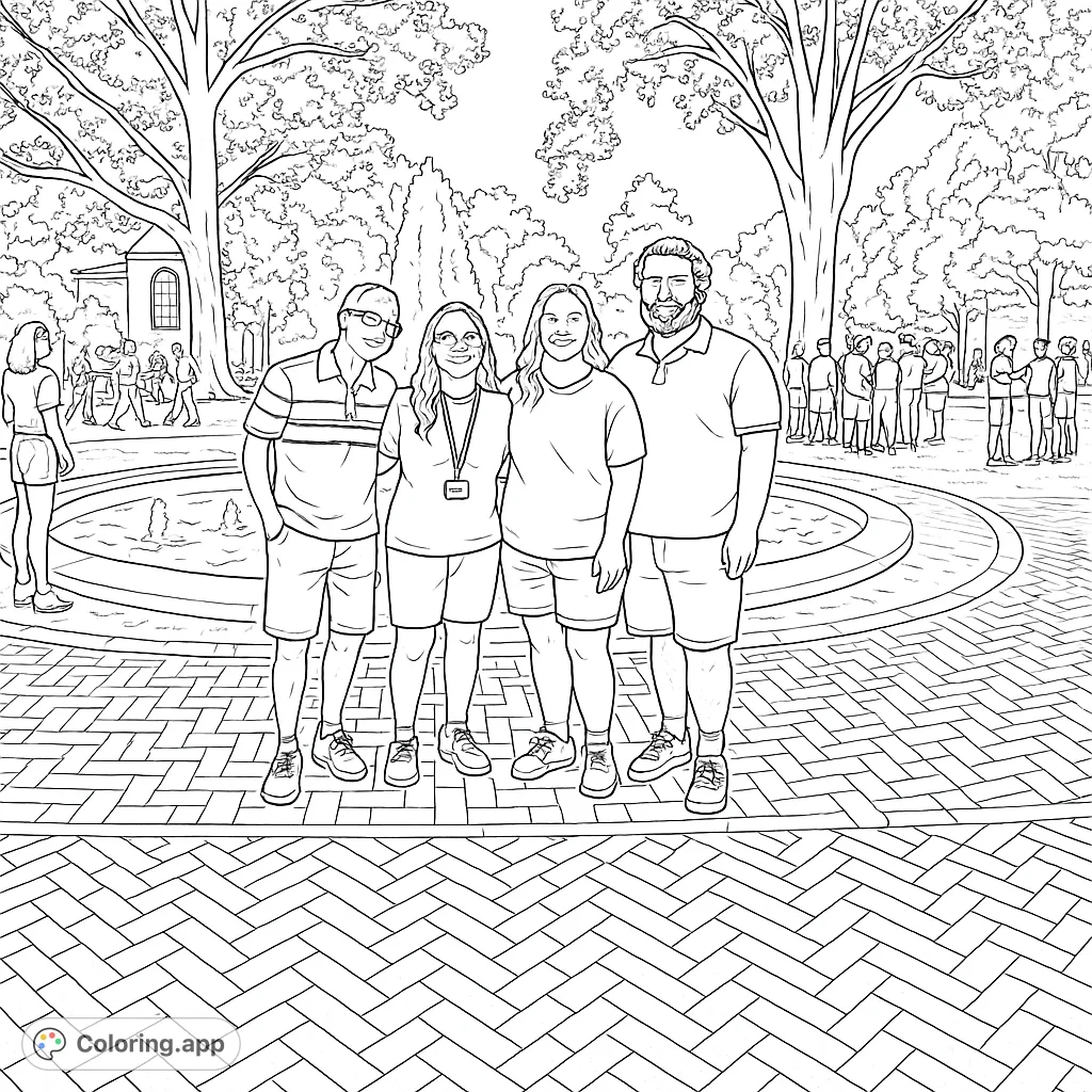 Color a heartwarming scene of a family by a campus fountain, surrounded by lush trees and historic buildings. A perfect free printable family coloring page for all ages.