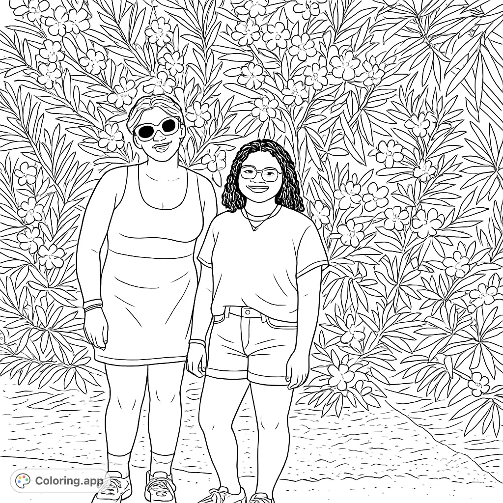 A delightful scene featuring two friends posing in front of a vibrant floral bush, perfect for adding your own creative flair and celebrating friendship.